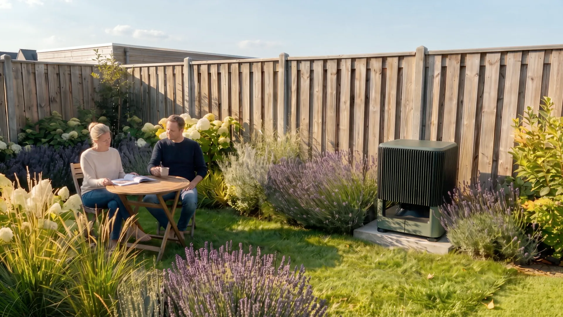 De Whspr hybride warmtepomp buiten in de tuin
